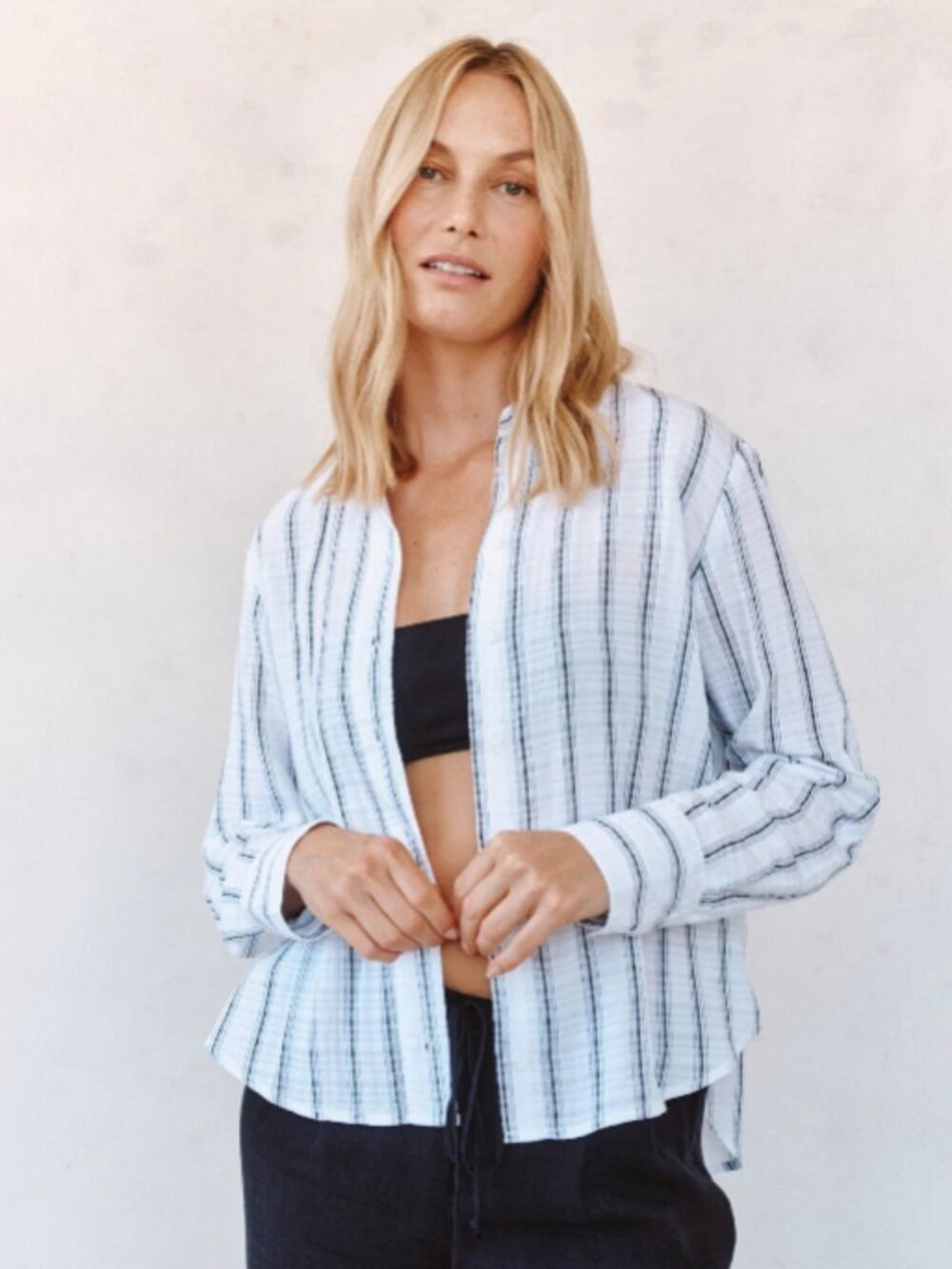 Bella Dahl Clean Split Back Button Down Shirt - Black & White Shadow Stripe